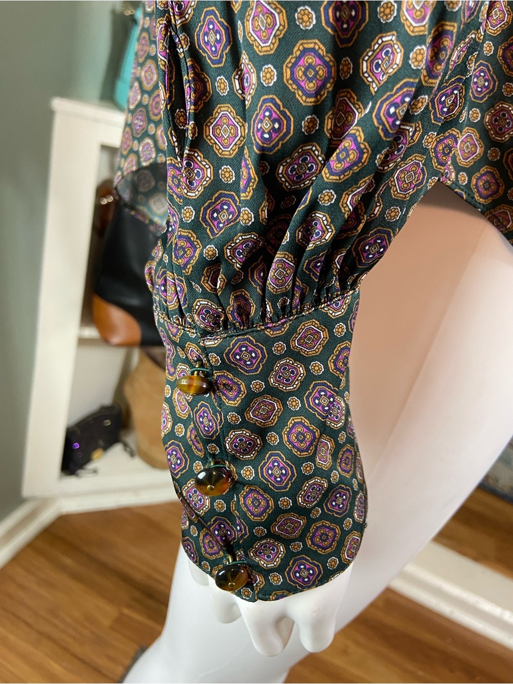 NWT Veronica Beard Esmeralda Silk Blend Geometric Pine Button-Down Blouse [TE] - Picture 11 of 13
